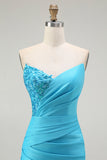 Strapless Mermaid Ruched Blue Prom Dress