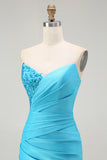 Strapless Mermaid Ruched Blue Prom Dress