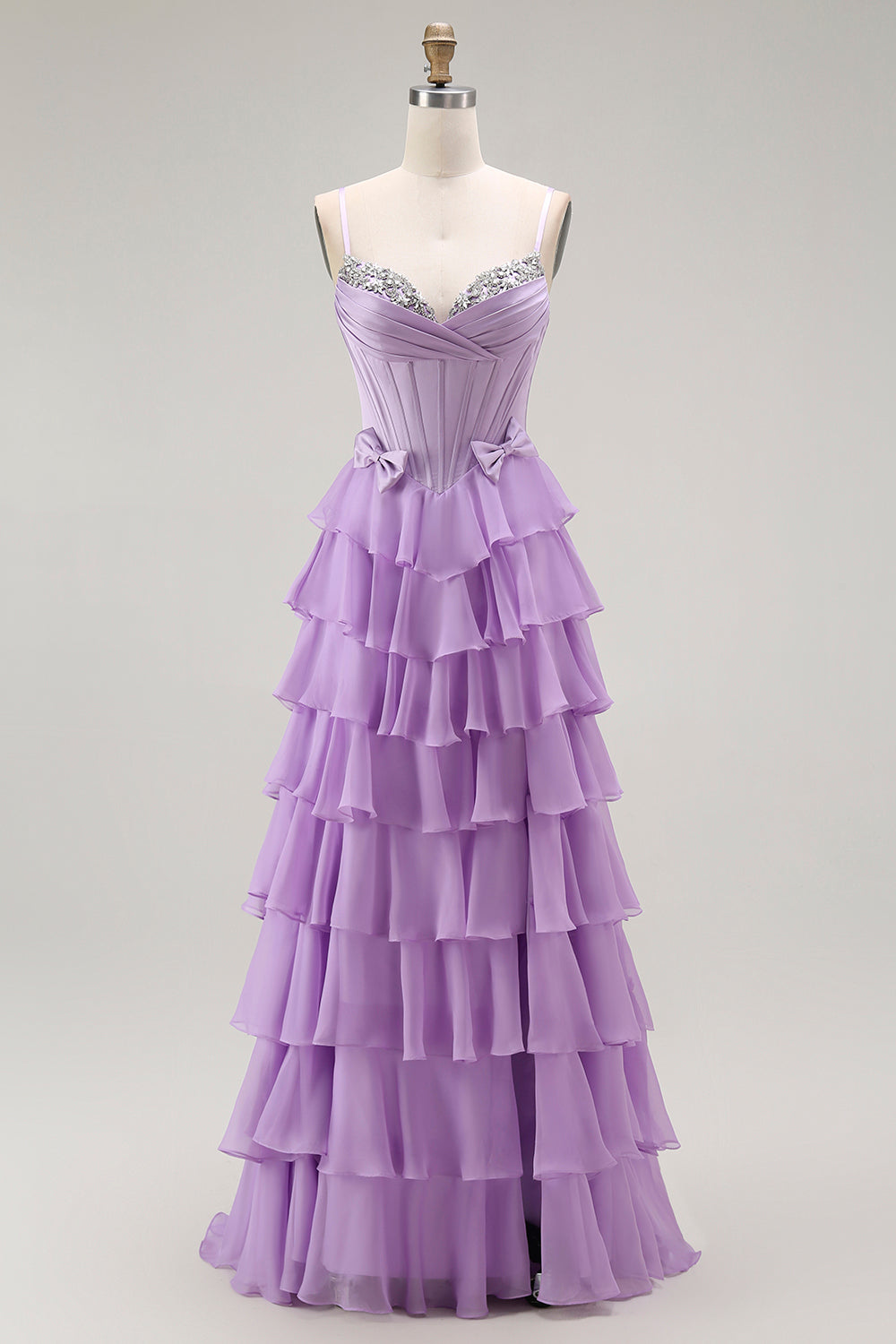 Purple Spaghetti Straps Tiered Corset Prom Dress