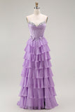 Purple Spaghetti Straps Tiered Corset Prom Dress