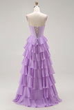 Purple Spaghetti Straps Tiered Corset Prom Dress