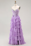 Purple Spaghetti Straps Tiered Corset Prom Dress