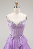 Purple Spaghetti Straps Tiered Corset Prom Dress