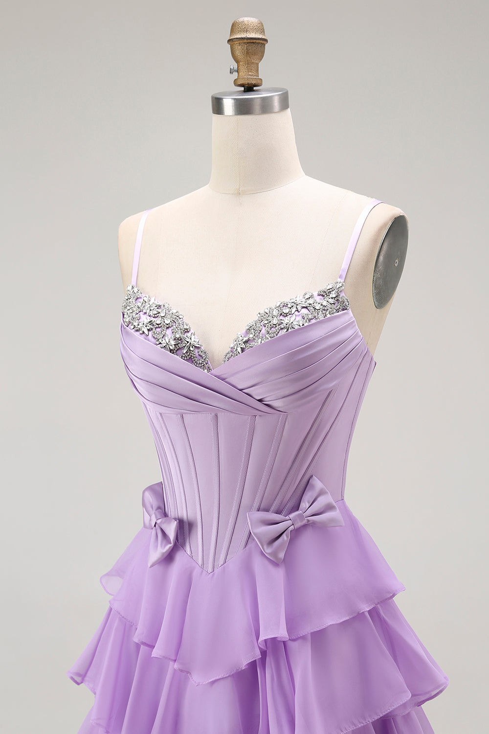 Purple Spaghetti Straps Tiered Corset Prom Dress