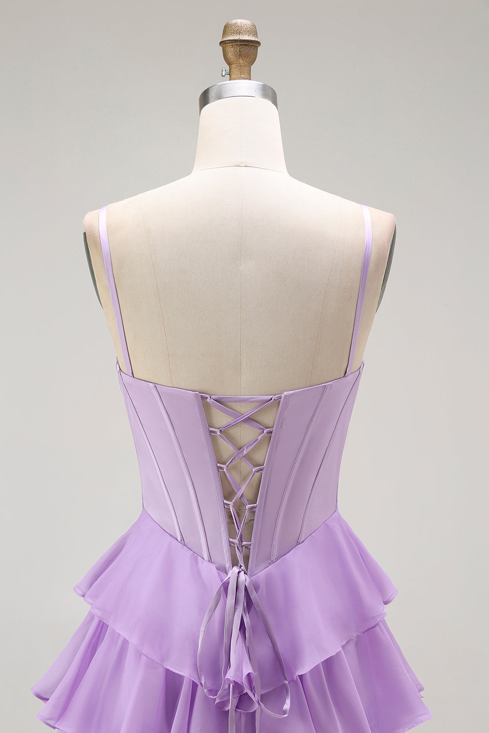 Purple Spaghetti Straps Tiered Corset Prom Dress