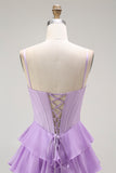 Purple Spaghetti Straps Tiered Corset Prom Dress