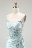 Strapless Corset Light Green Prom Dress with Appliques