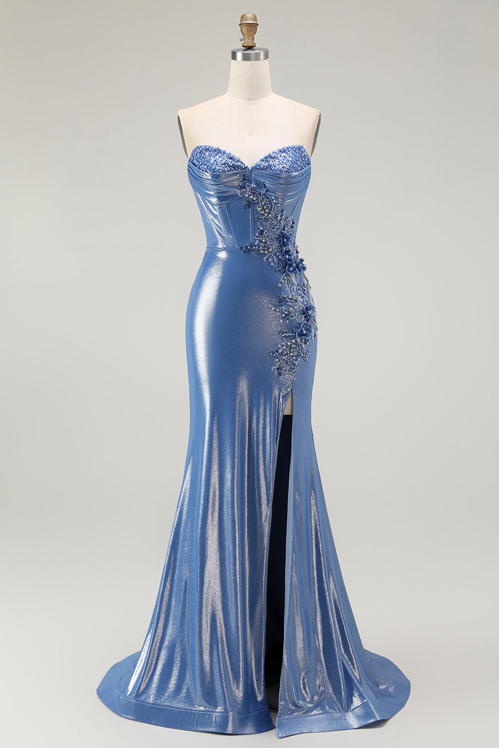 Strapless Mermaid Metallic Corset Blue Prom Dress