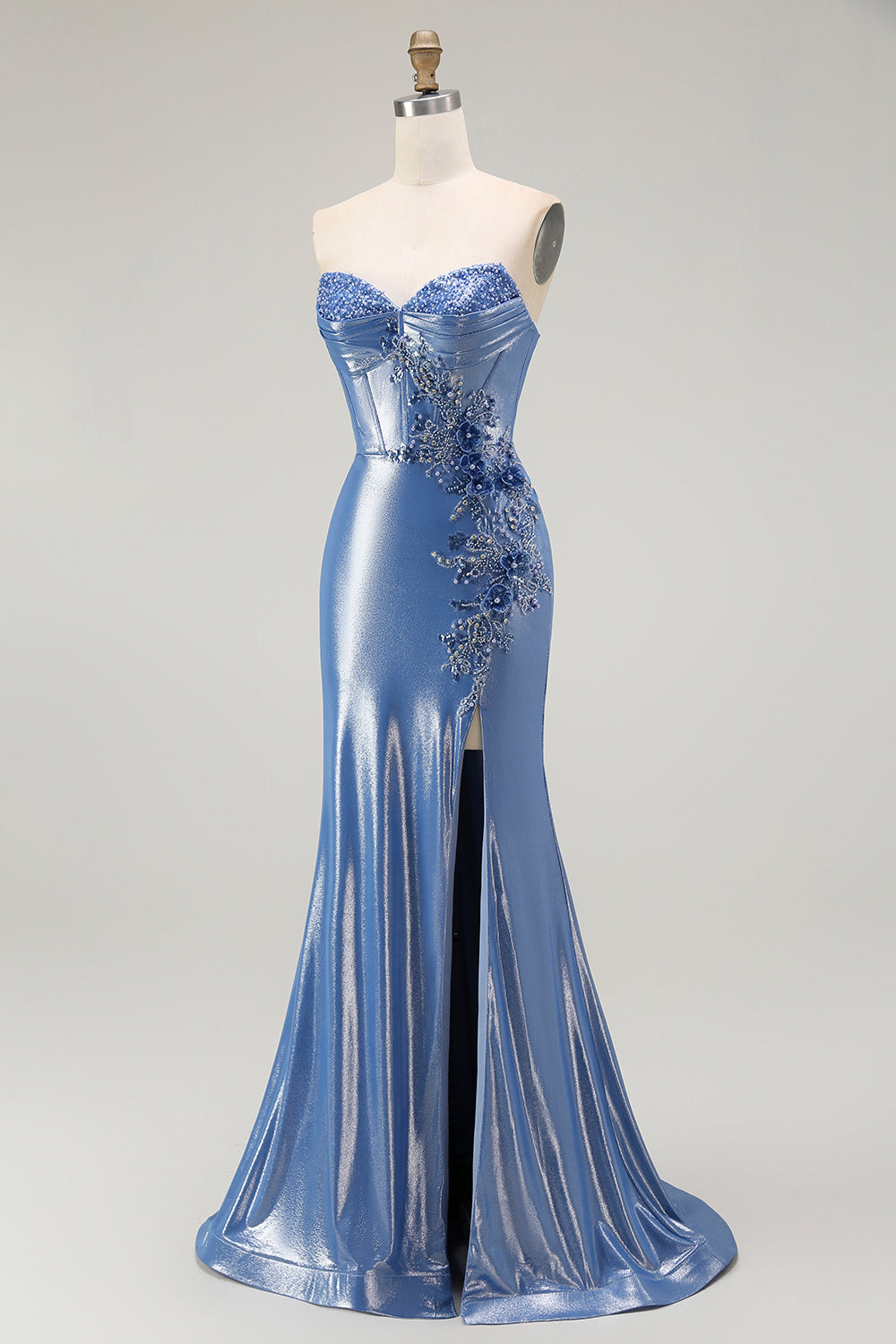 Strapless Mermaid Metallic Corset Blue Prom Dress