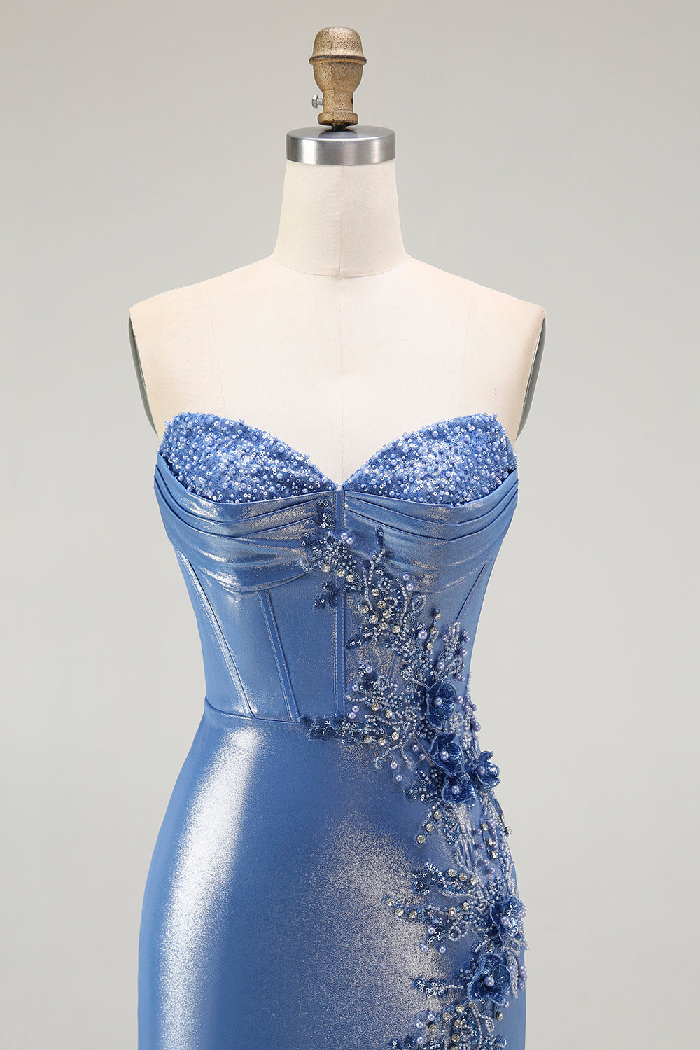 Strapless Mermaid Metallic Corset Blue Prom Dress