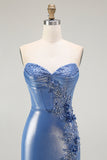Strapless Mermaid Metallic Corset Blue Prom Dress