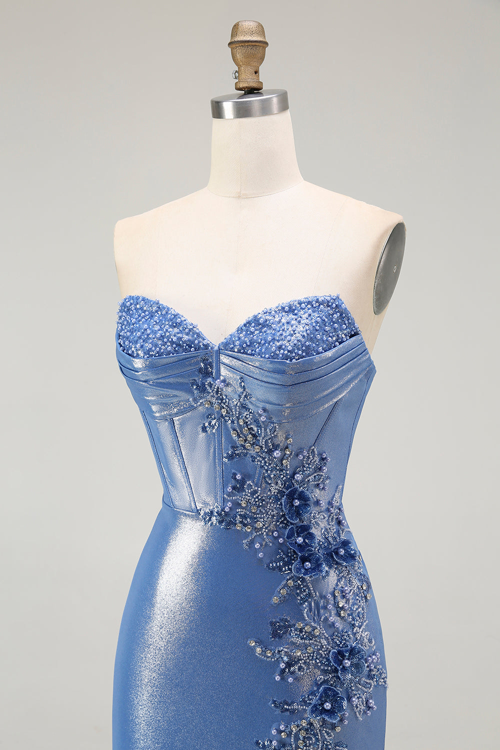 Strapless Mermaid Metallic Corset Blue Prom Dress