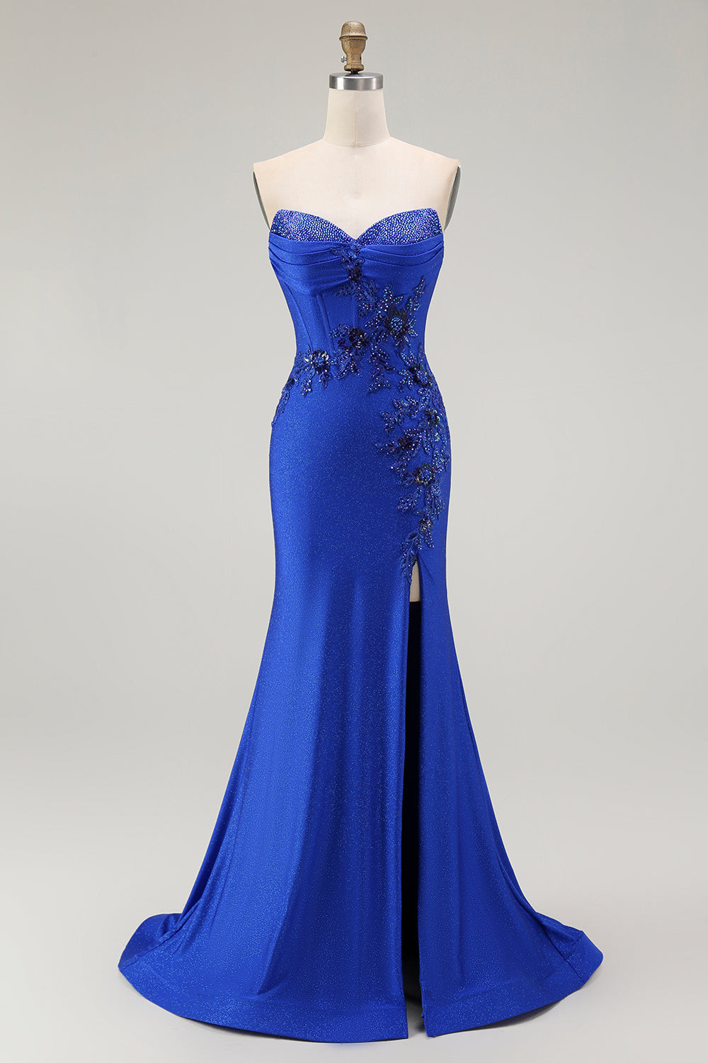 Strapless Mermaid Appliqued Royal Blue Prom Dress with Slit