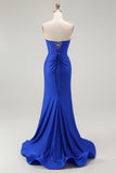 Strapless Mermaid Appliqued Royal Blue Prom Dress with Slit