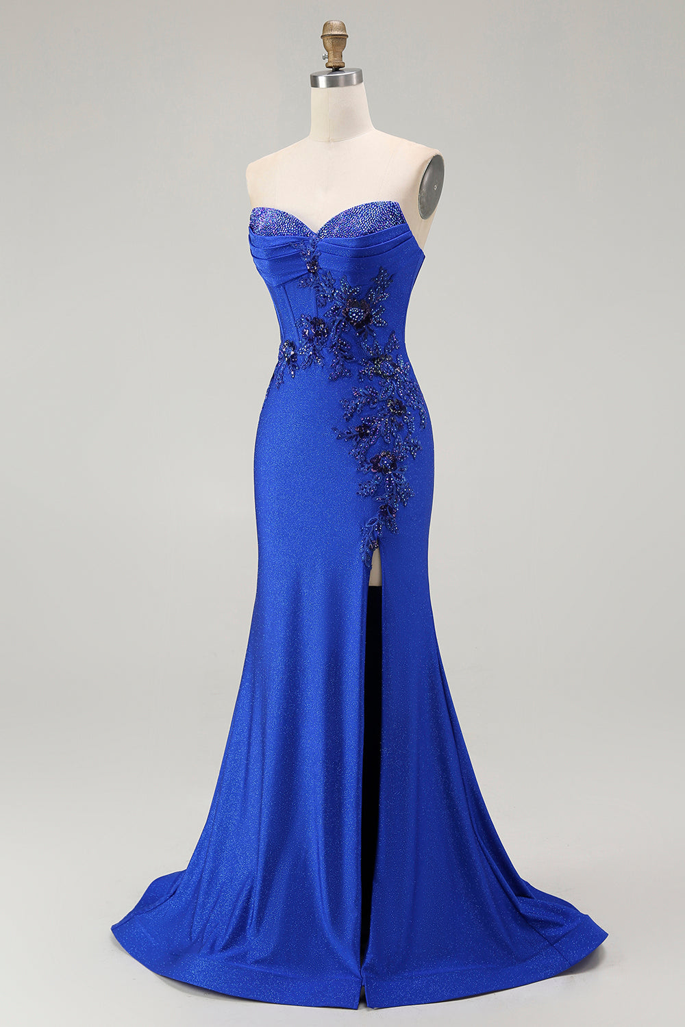 Strapless Mermaid Appliqued Royal Blue Prom Dress with Slit