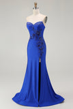 Strapless Mermaid Appliqued Royal Blue Prom Dress with Slit