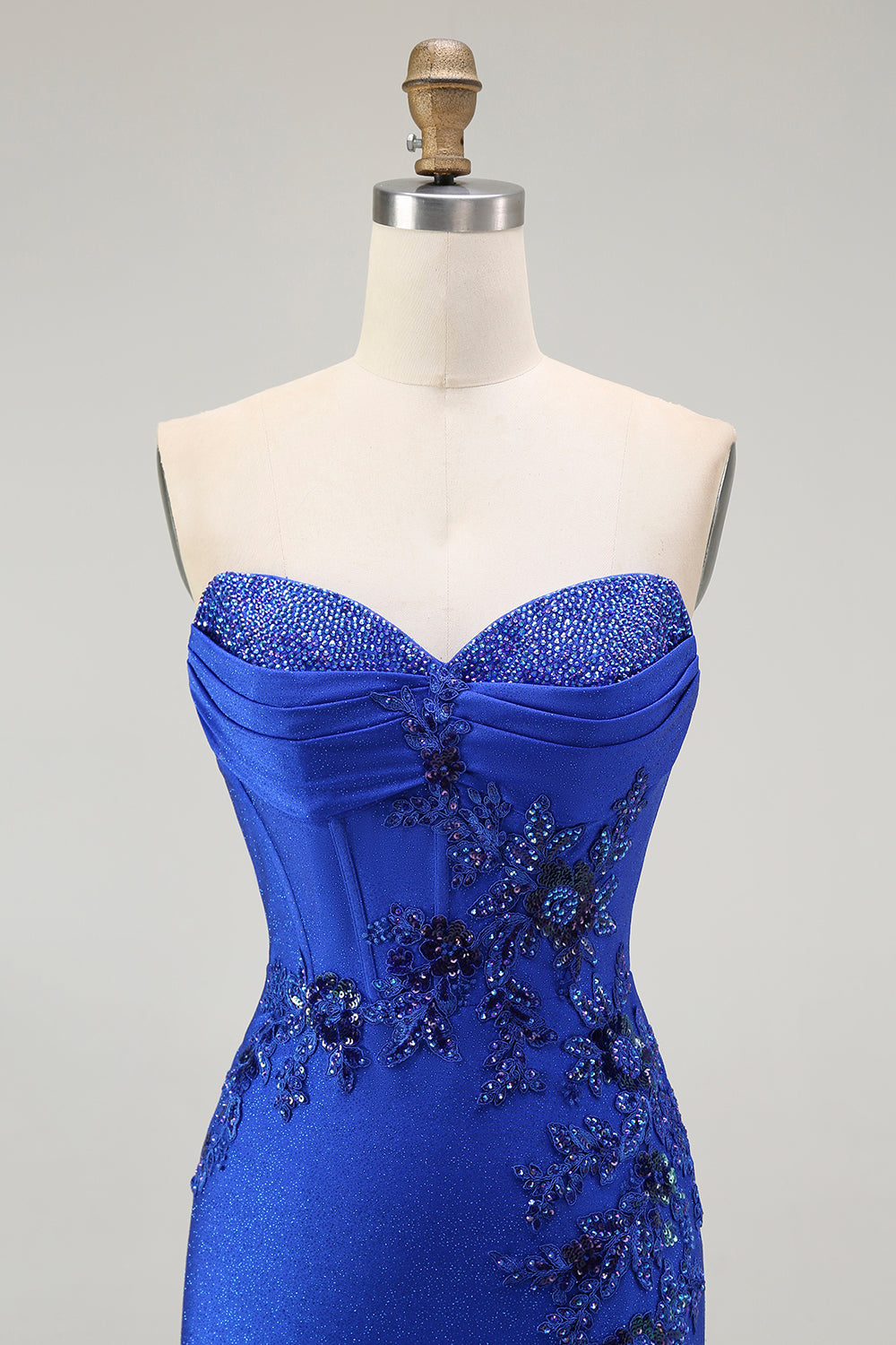 Strapless Mermaid Appliqued Royal Blue Prom Dress with Slit