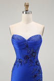 Strapless Mermaid Appliqued Royal Blue Prom Dress with Slit