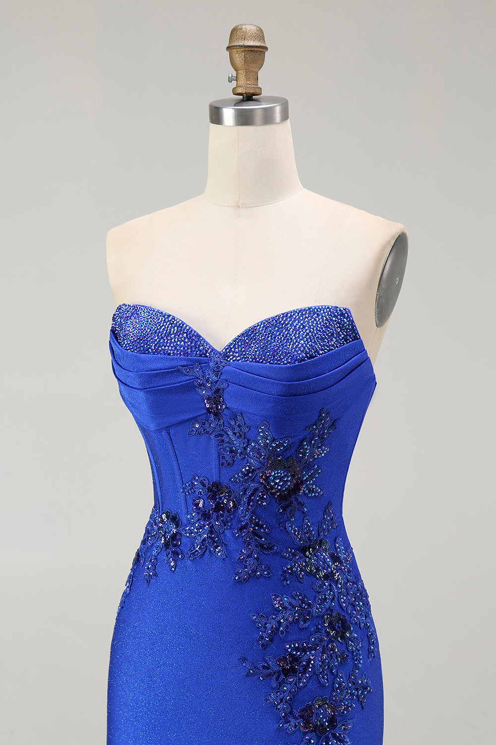 Strapless Mermaid Appliqued Royal Blue Prom Dress with Slit
