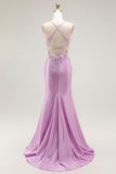Purple Mermaid Spaghetti Straps Embroidered Prom Dress
