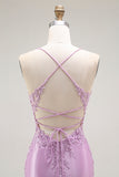Purple Mermaid Spaghetti Straps Embroidered Prom Dress