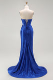 Memaid Strapless Ruched Royal Blue Prom Dress