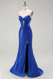 Memaid Strapless Ruched Royal Blue Prom Dress