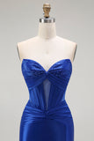Memaid Strapless Ruched Royal Blue Prom Dress