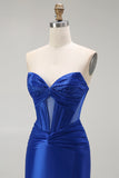 Memaid Strapless Ruched Royal Blue Prom Dress