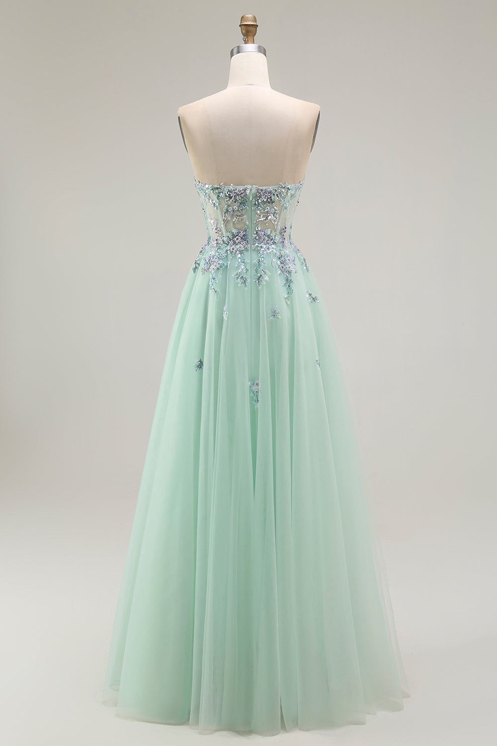 Strapless A Line Appliqued Green Prom Dress