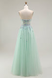 Strapless A Line Appliqued Green Prom Dress