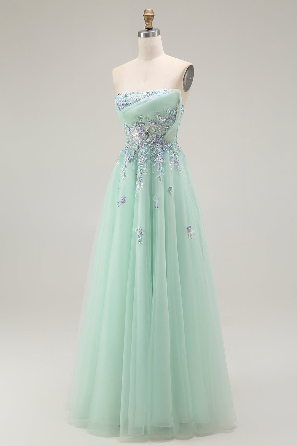Strapless A Line Appliqued Green Prom Dress