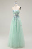 Strapless A Line Appliqued Green Prom Dress