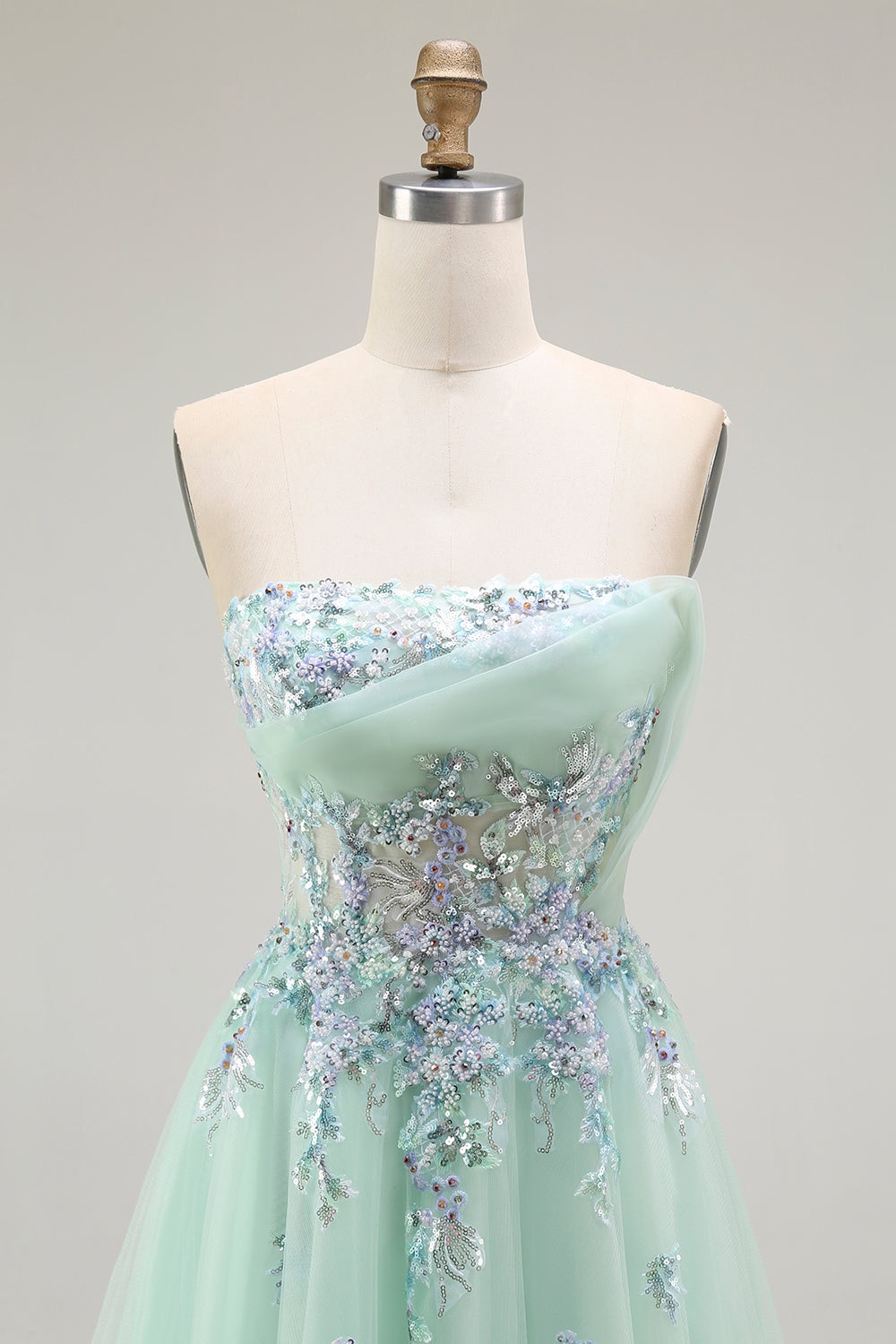 Strapless A Line Appliqued Green Prom Dress