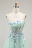 Strapless A Line Appliqued Green Prom Dress