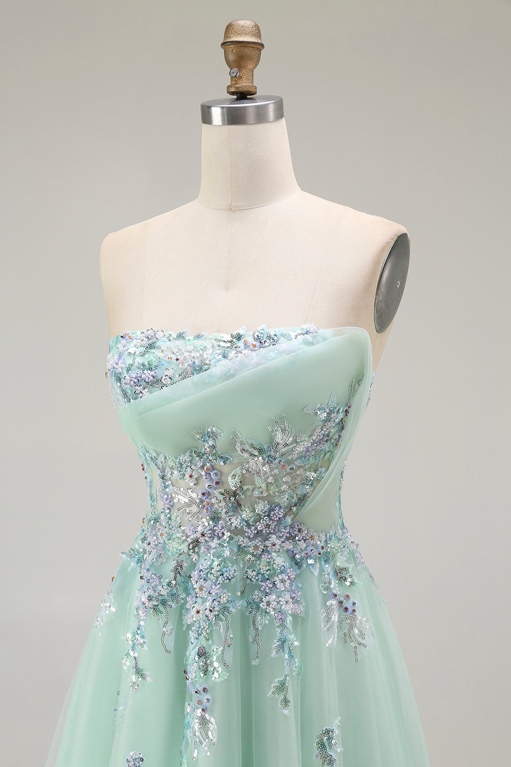 Strapless A Line Appliqued Green Prom Dress