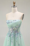 Strapless A Line Appliqued Green Prom Dress