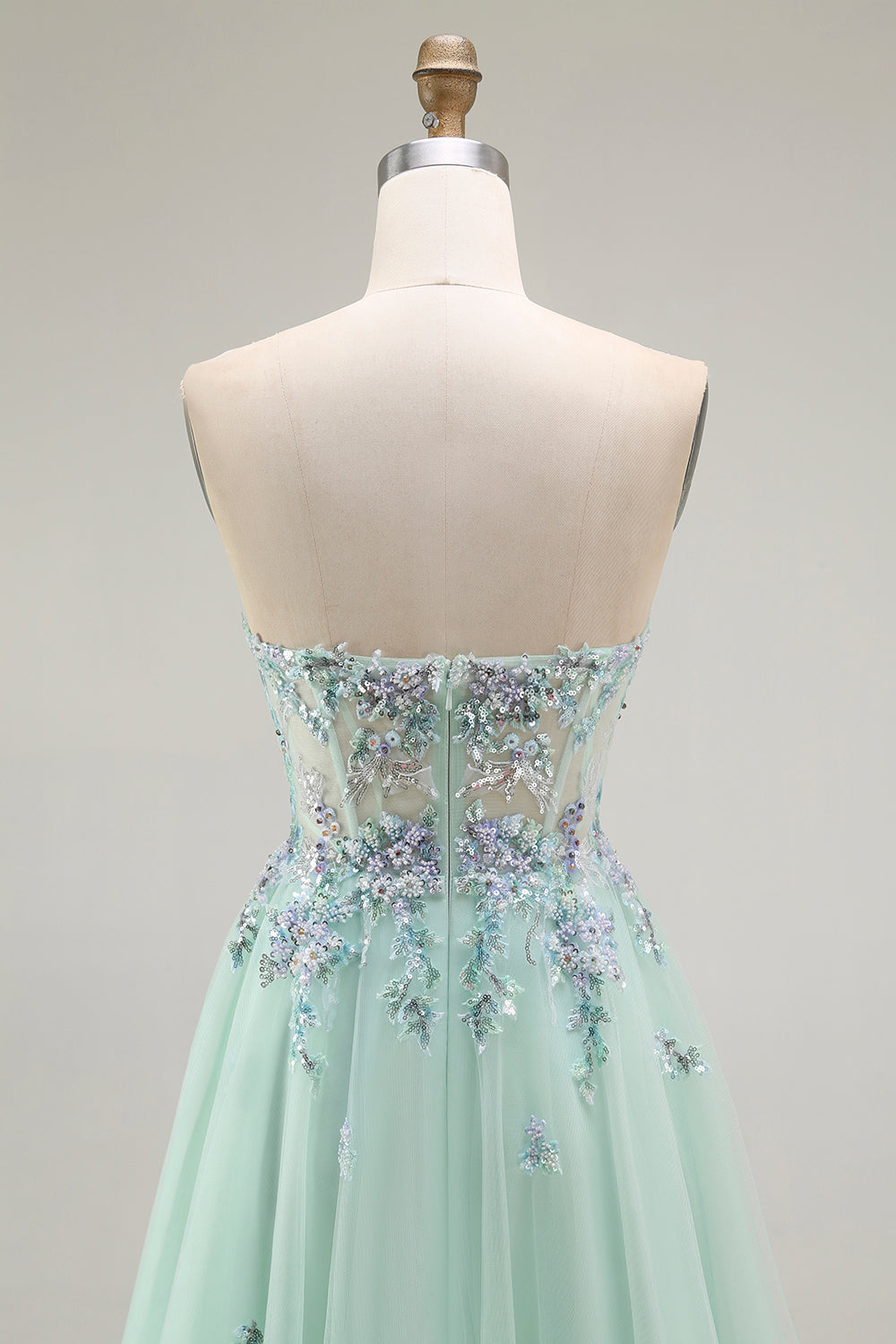 Strapless A Line Appliqued Green Prom Dress