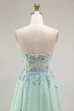 Strapless A Line Appliqued Green Prom Dress