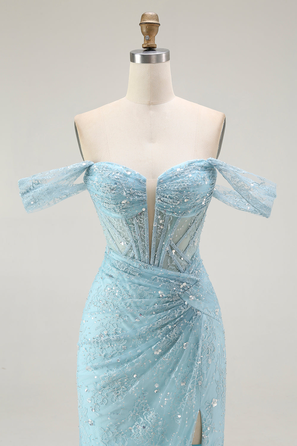 Off the Shoulder A Line Ruched Blue Prom Dress