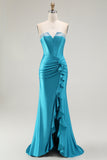 Strapless Mermaid Corset Ruffled Blue Prom Dress