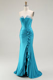 Strapless Mermaid Corset Ruffled Blue Prom Dress