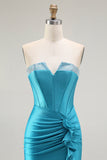 Strapless Mermaid Corset Ruffled Blue Prom Dress