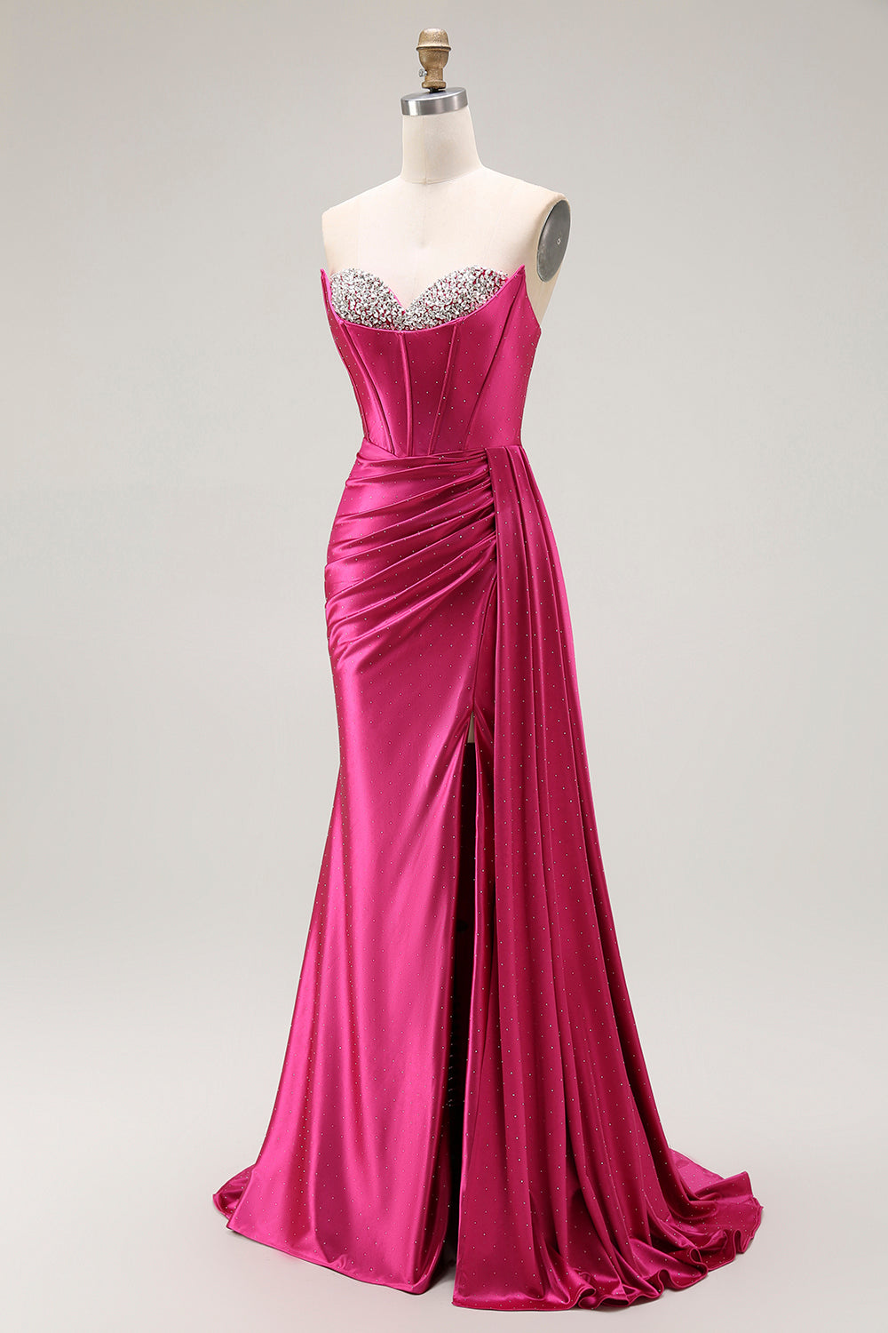 Strapless Satin Corset Fuchsia Prom Dress with Slit