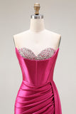 Strapless Satin Corset Fuchsia Prom Dress with Slit