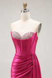 Strapless Satin Corset Fuchsia Prom Dress with Slit