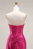 Strapless Satin Corset Fuchsia Prom Dress with Slit