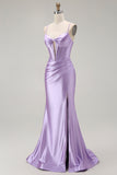 Mermaid Spaghetti Straps Ruched Purple Prom Dress