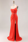 Orange One Shoulder Ruched Prom Dress with Slit