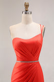 Orange One Shoulder Ruched Prom Dress with Slit